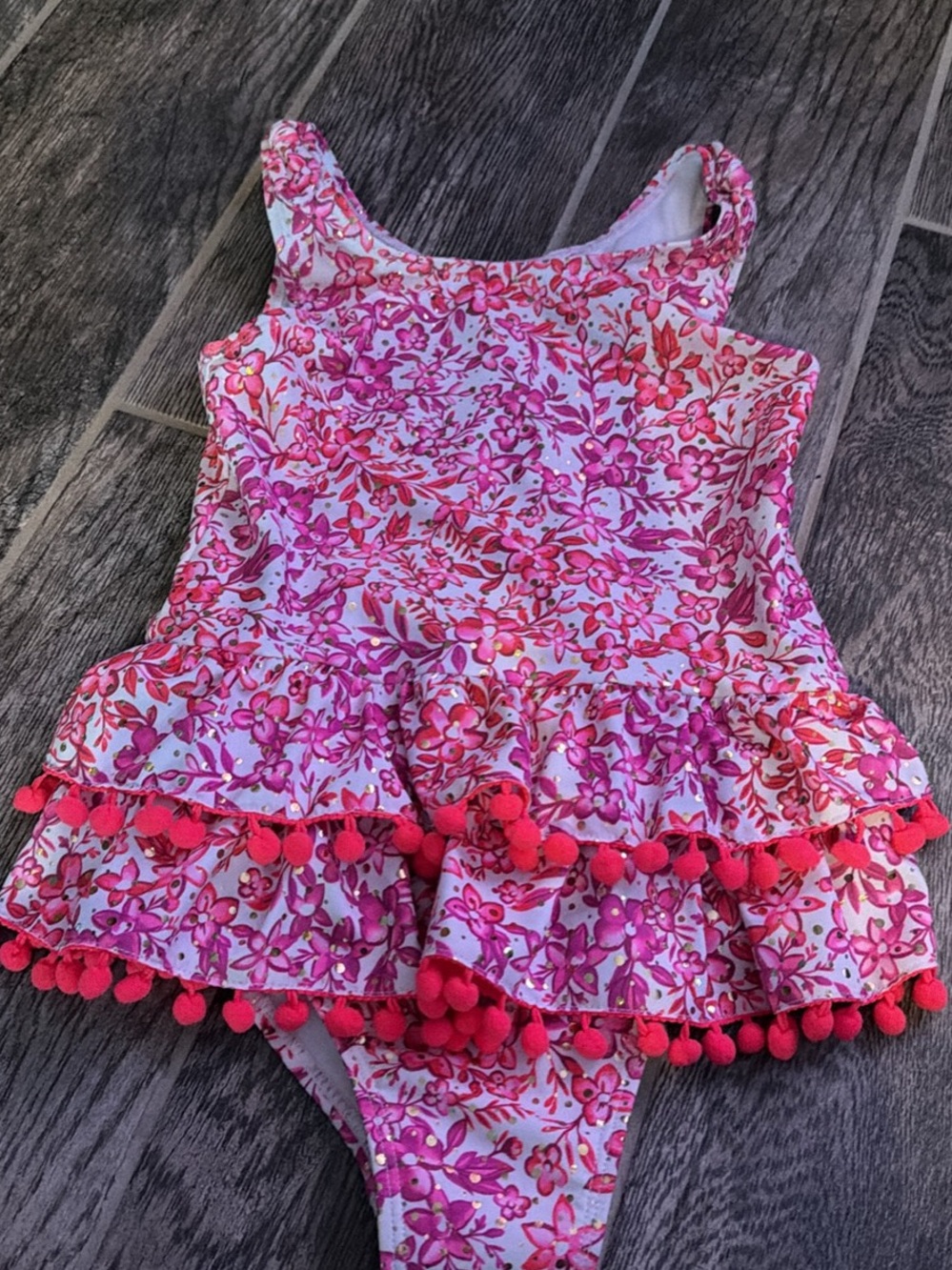 Nicole by Nicole Miller Girls Pink Floral One-Piece Swimsuit with Pom Trim